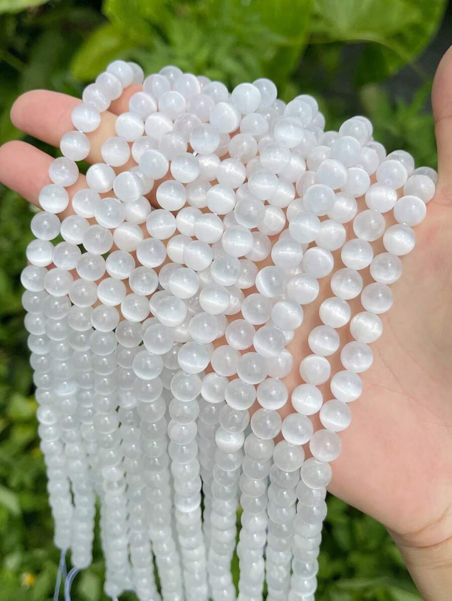 1 hebra de cuentas redondas de selenita natural, cuentas sueltas de ojo de gato de selenita blanca para manualidades de joyería, pulseras, collares de 6 mm y 8 mm
