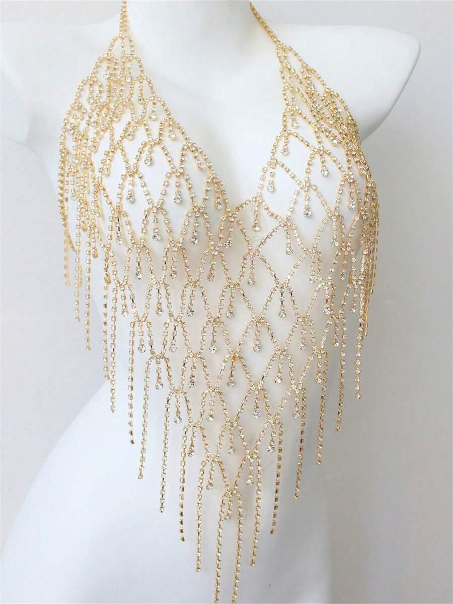Luxuriöser kristalliner funkelnder Körperkette Badeanzug Quasten Strasssteine Brustschmuck für Damen, Wäsche Accessoire