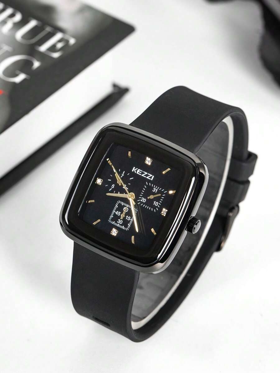 KEZZI 1 pieza Reloj de cuarzo cuadrado estiloso y simple con correa de silicona negra unisex, de moda casual adecuado para uso diario
