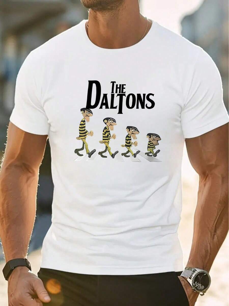 Camiseta blanca con estampado de dibujos animados de Dalton para hombre, 220 g/m², informal, de algodón puro, cuello redondo y manga corta (1 unidad)