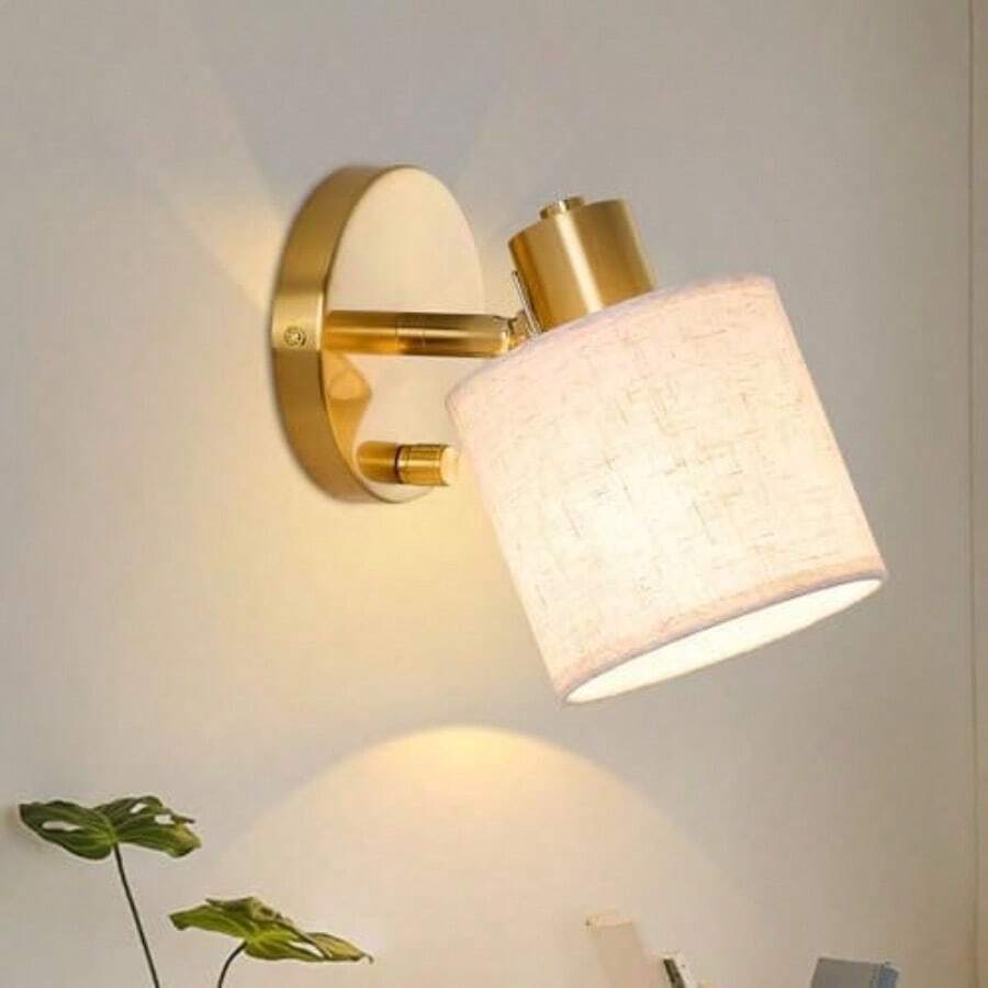 Adjustable Indoor Wall Light With Switch, Gold Wall Light With Beige Linen Lampshade, E27 Rotating Bedside Wall Light, Suitable For Bedroom And Living Room