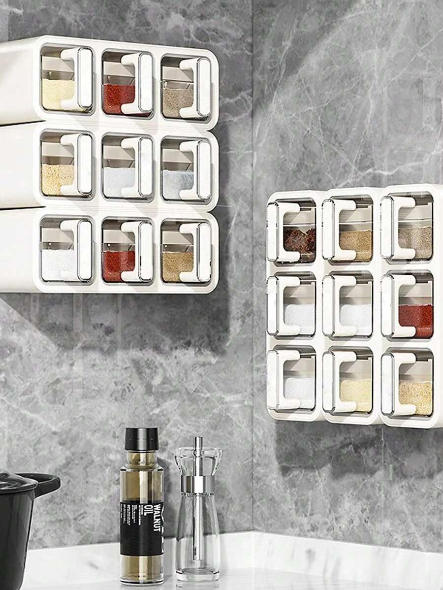 1pc Multi-Function Kitchen Seasoning Box, Salt Spice Storage Jar With Spoon, Horizontal & Vertical Hanging Sealed Condiment Set