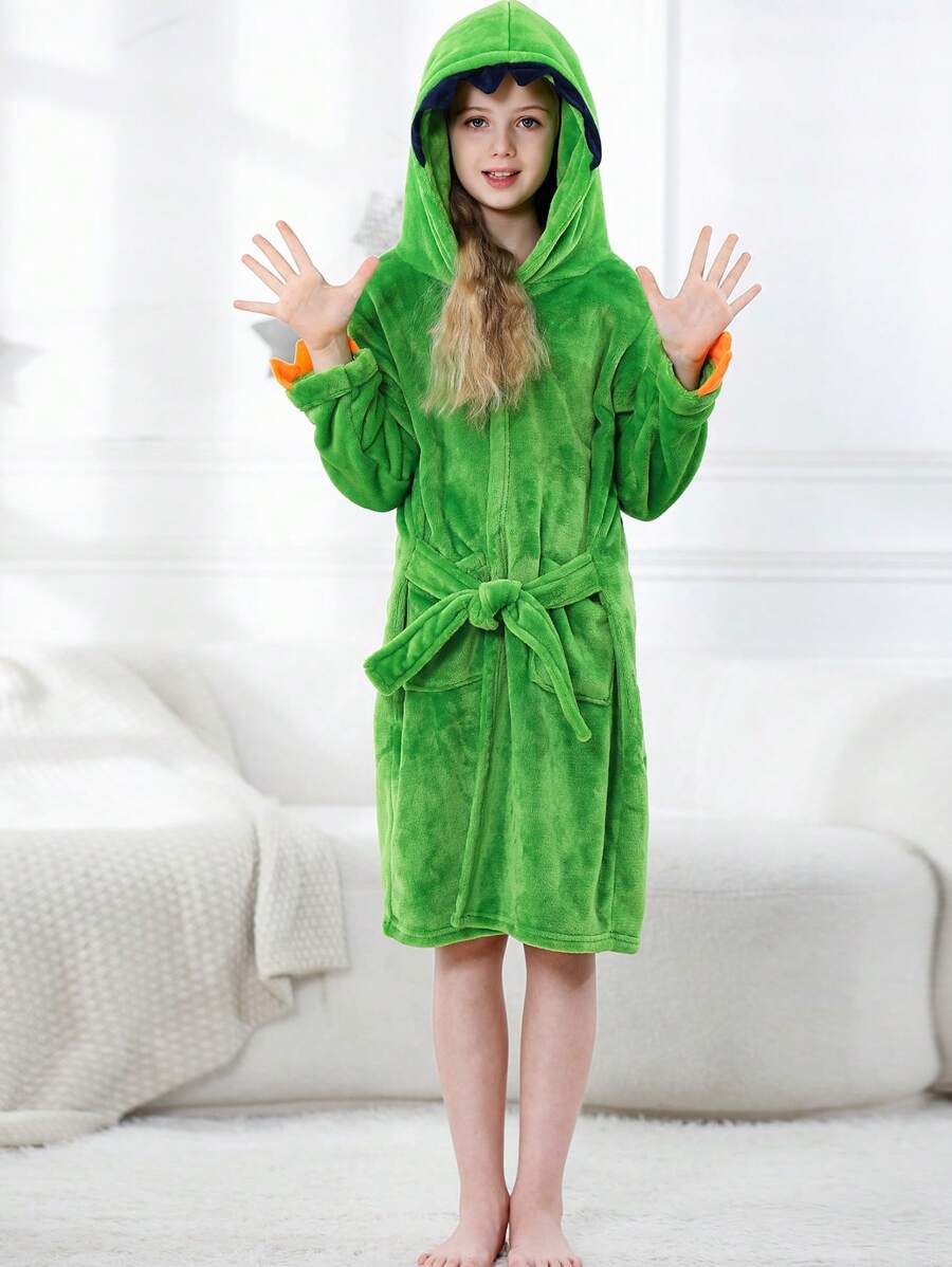 MICHLEY MICHLEY 1pc Kids Hooded Bathrobe With Belt Pockets Cartoon Animal Dinosaur Style Soft And Comfortable Nightgown Unisex Suitable For Living Room, Swimming Pool, Bathroom Kids Gift