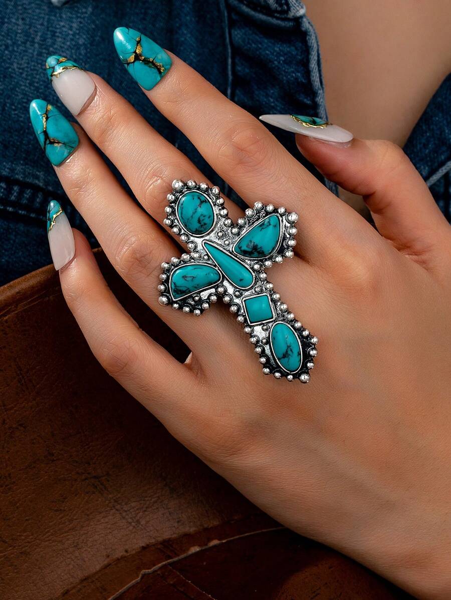 1 pièce Bague décorative avec pierre de turquoise bleue pour femmes, Bague rétro vintage style occidental, Bijoux bohème, Style cowgirl occidental