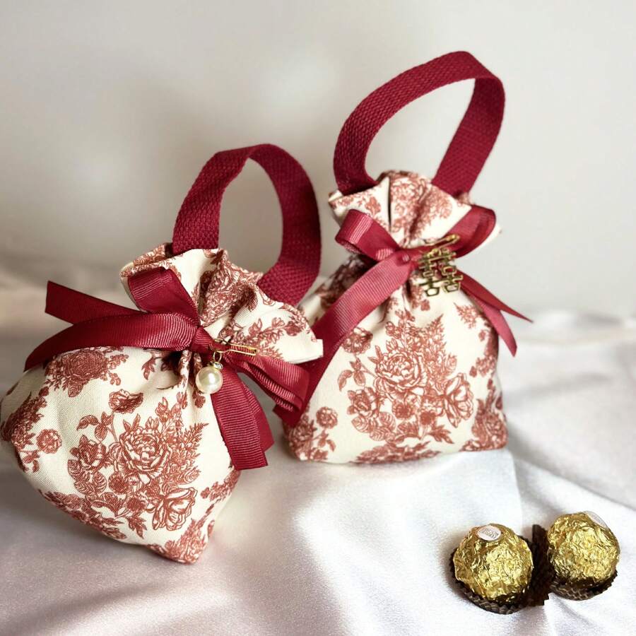 1pc Floral Gift Bag With Drawstring, Candy Bag, Tea Party Gift Bag, Wedding Candy Box, Party Hospitality Bag, Bridal Shower, Return Gift Bag, Upgraded European Wedding Gift Box, Elegant Red Foldable Wedding Return Gift Packaging Bag (Mother's Day, Graduation Ceremony)