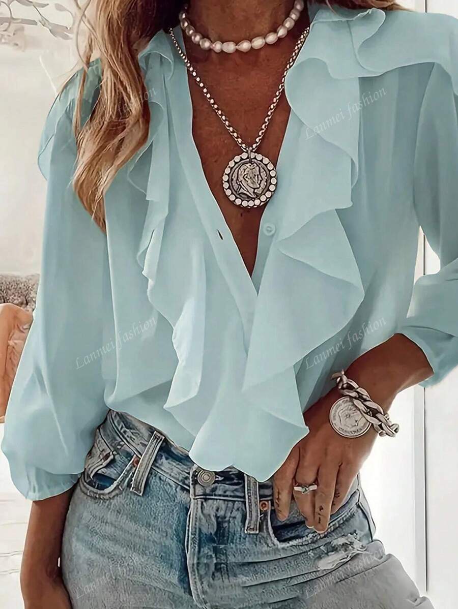 Casual Ruffle Trim V-Neck Long Sleeve Blouse