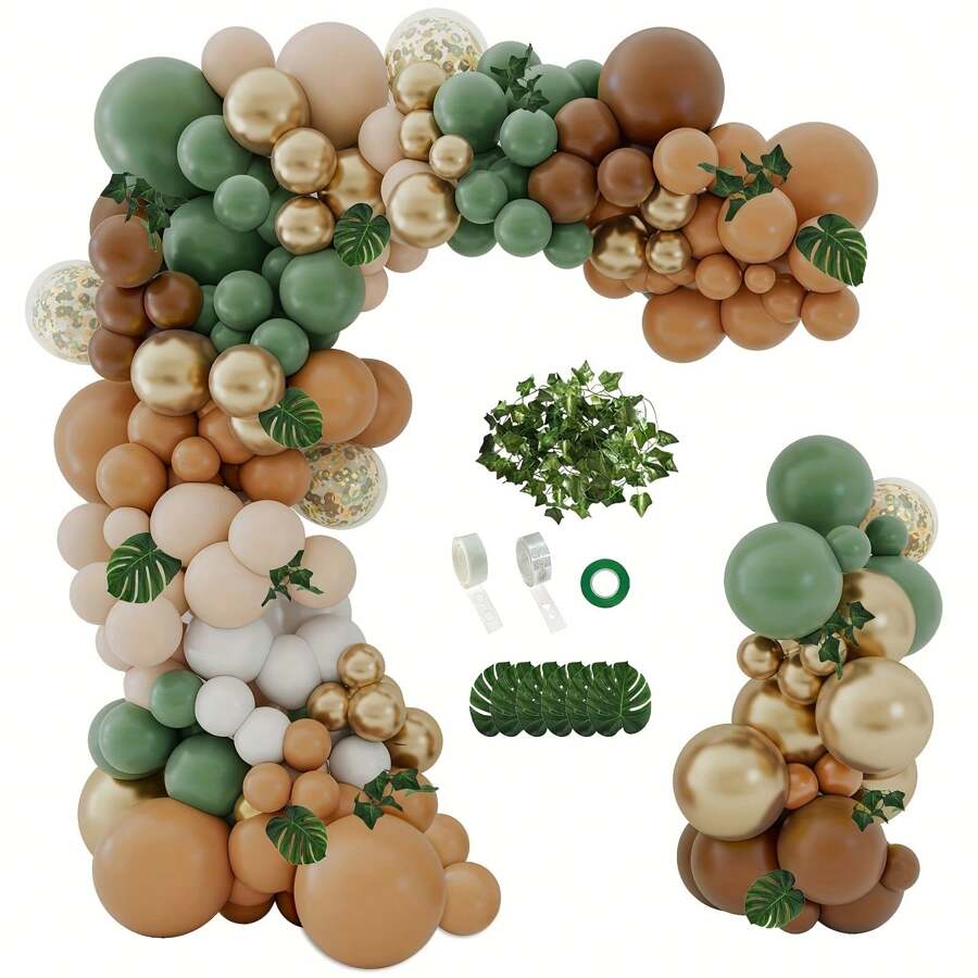 142pcs Forest Animals Jungle Woodland Balloon Garland Arch Kit, Pampas Grass Green & Brown Beige Balloons With Palm Leaves, Suitable For Boho Tropical Birthday Party, Baby Shower Decor