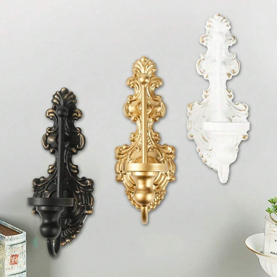 2PCS Nordic Retro Wall Candle Holder, Gold/Black/White,Wall Hanging Candle Sconces, Metal Wall Candle Sconce Holder, Vintage Taper Candle Wall Sconce, Candlestick Holders Decor