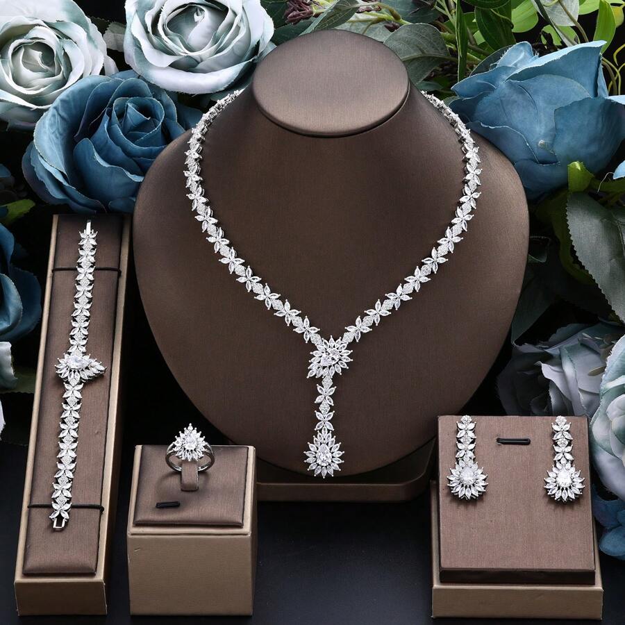 Neues 4-teiliges kubisches Zirkonia Braut-Hochzeits-Schmuckset 2024, Dubai Nigeria Kristall Hochzeits-Schmuckset