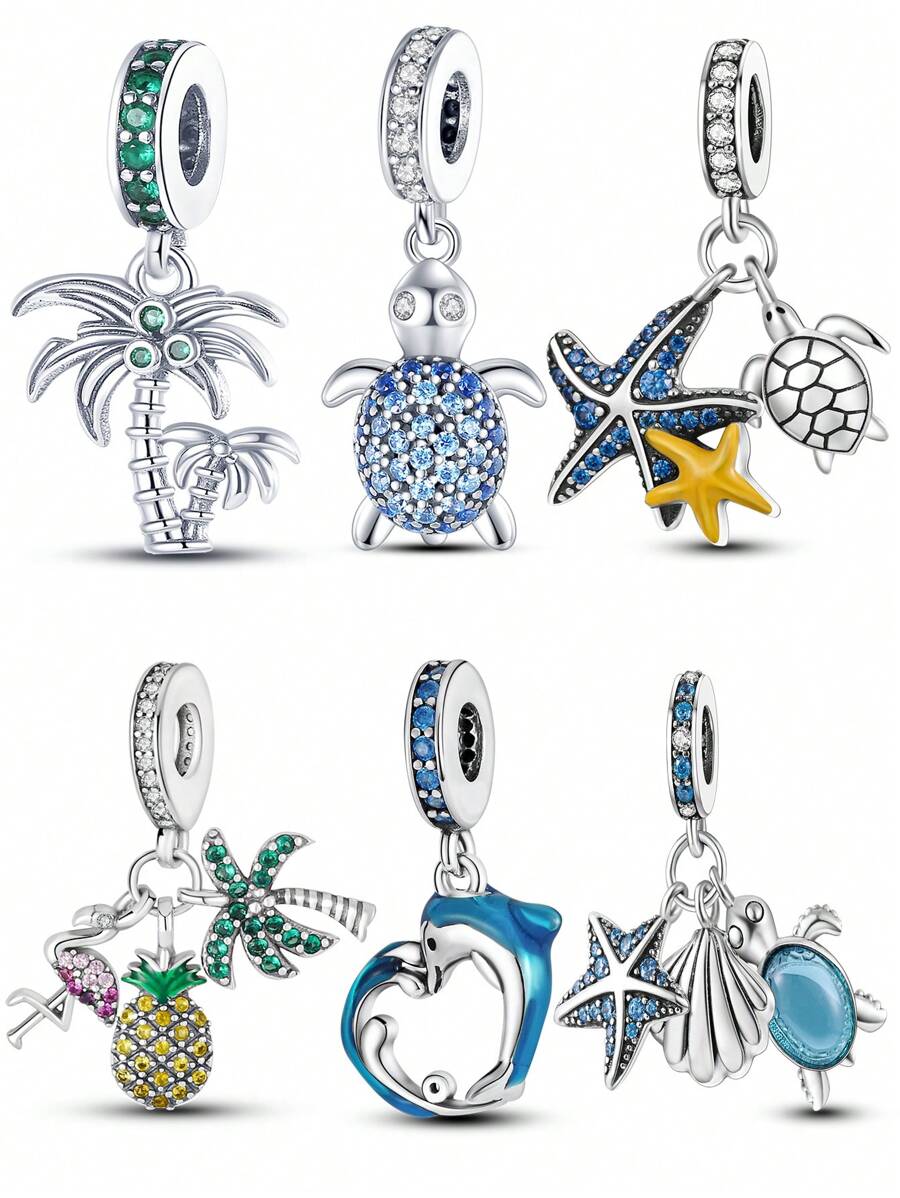 Assorted Ocean Themed Pendant Set Including Sea Turtle, Starfish, Coconut Tree, Dolphin, Shell - Suitable For DIY Bracelet, Necklace, Jewelry Craft, Gift