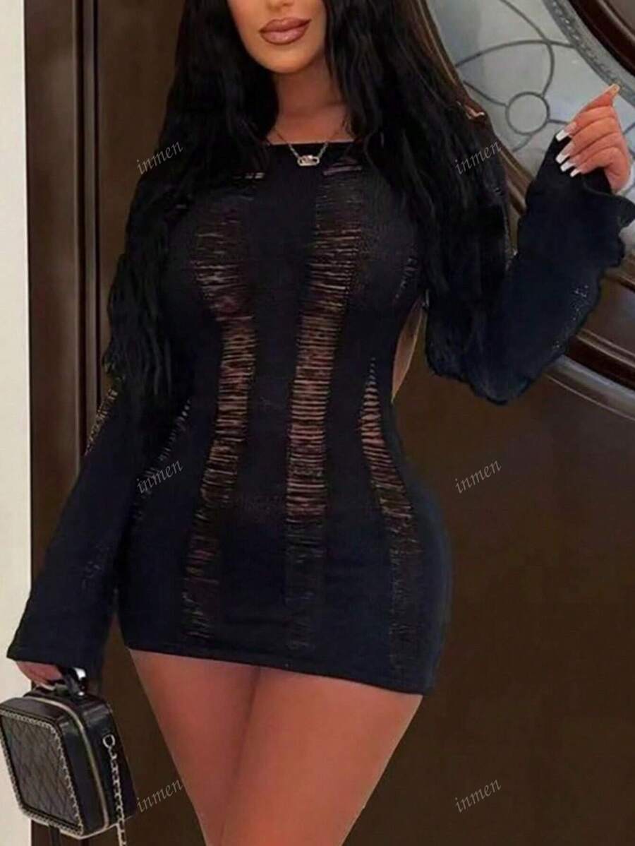 Summer Sexy Hollow Out Bodycon Bcakless Mini Dresses Club Outfit For Women Long Sleeve Knit Short Dress Female