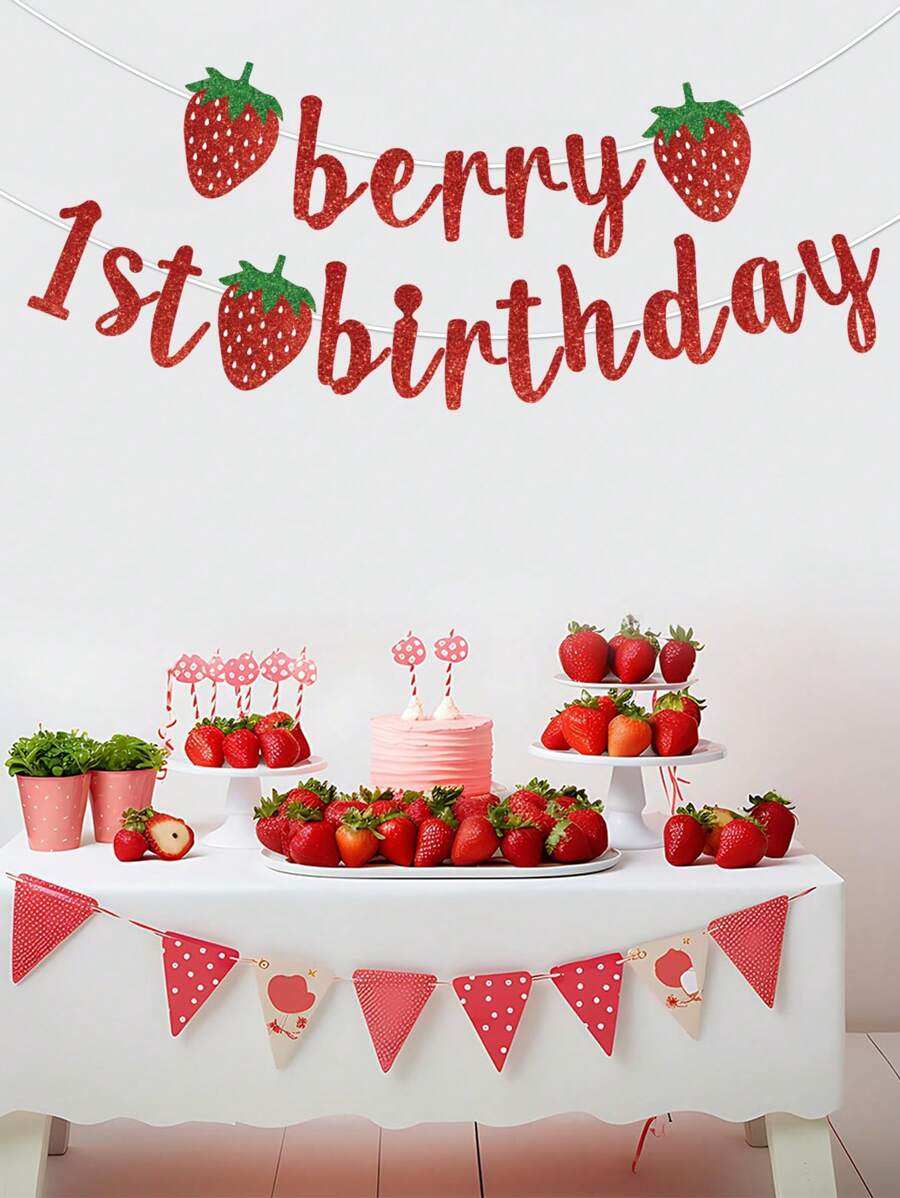 1set Red Strawberry Style Pull Flag, Fresh Strawberry Style Birthday Paper Banner, Birthday Party Decoration, 1st Birthday Decor, Babe Shower Decor Gender Reveal Decor, Home Decor Room Decor, Wall Decor, Party Decor, Party Favor, Backdrop Decor, Background Decor Party Accessories, Photo Props