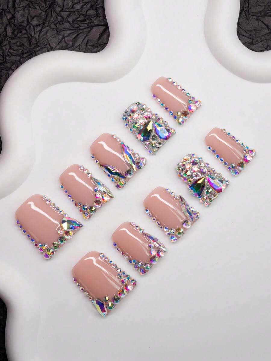 Spring/Summer Handmade Duck-Mouth-Shaped French Manicure Stiletto Nails With Crystal Decor, Y2K Style, Nude Color, 10pcs/Set, 3 Size Options, Suitable For Parties, Ceremonies, Daily Wear, Comes With Tools, Great Gift For Women & Girls
