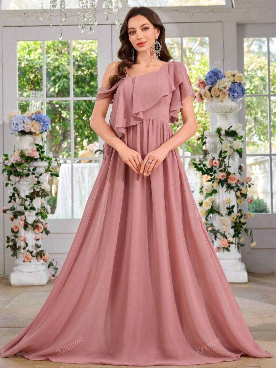 Abito da cocktail, cerimonia, serata formale, invitato a matrimonio, in chiffon minimalista, sexy, spalla asimmetrica