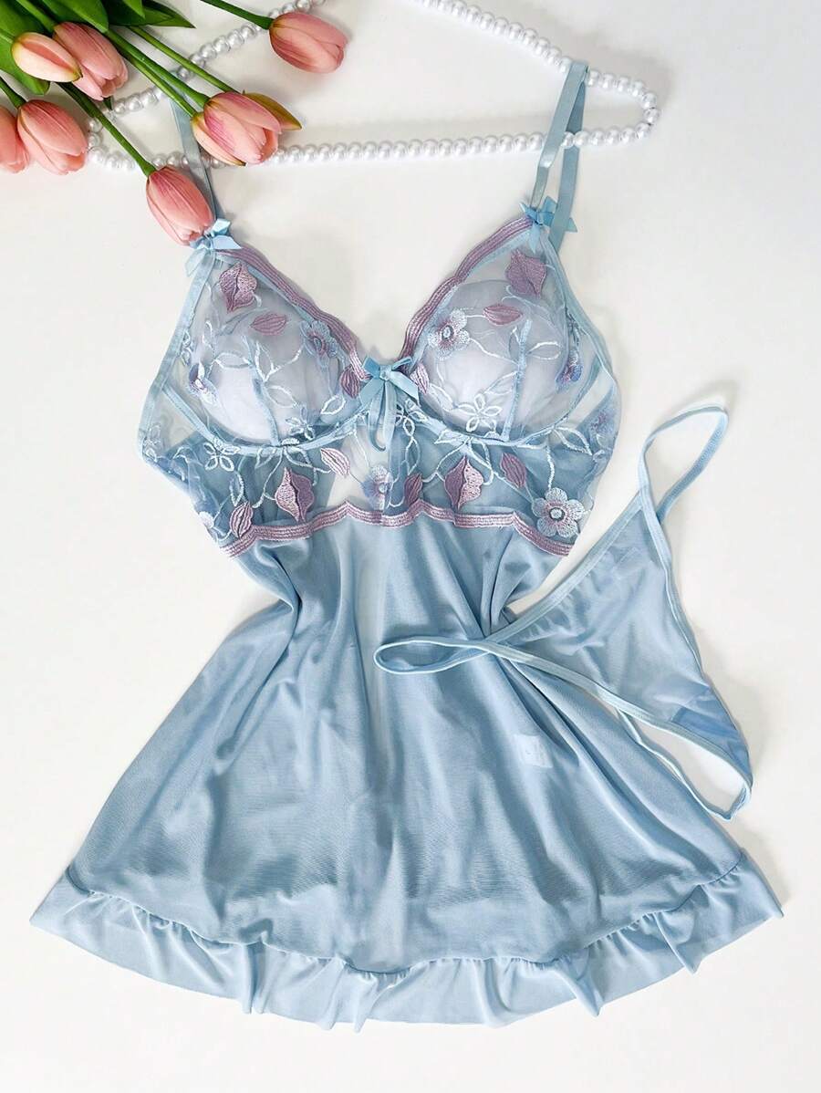 1 set Camicia da notte sexy da donna, elegante completo di lingerie in pizzo ricamato traslucido con scollo a V, abito corto, con slip morbido e volant