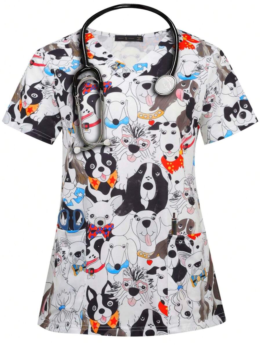 Vrouwen Lente & Zomer Cartoon Honden V-hals Scrub Korte Mouw Verpleegster Uniform Tops Met Zakken Voor Vrouwen