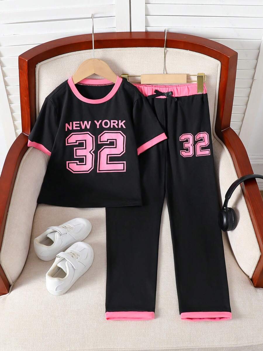 Set de 2 piezas de ropa casual de verano para niñas - Camiseta de manga corta con estampado de dígitos y pantalones de estar por casa de color contrastante