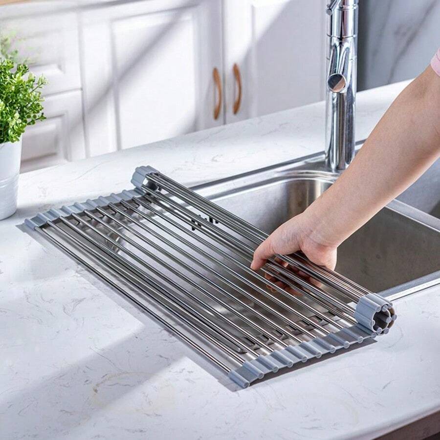 1pc Stainless Steel Dish Drying Rack - Collapsible, Space Saving, Over Sink, Anti-Rust, Easy Cleaning, Kitchen Sink Organizer