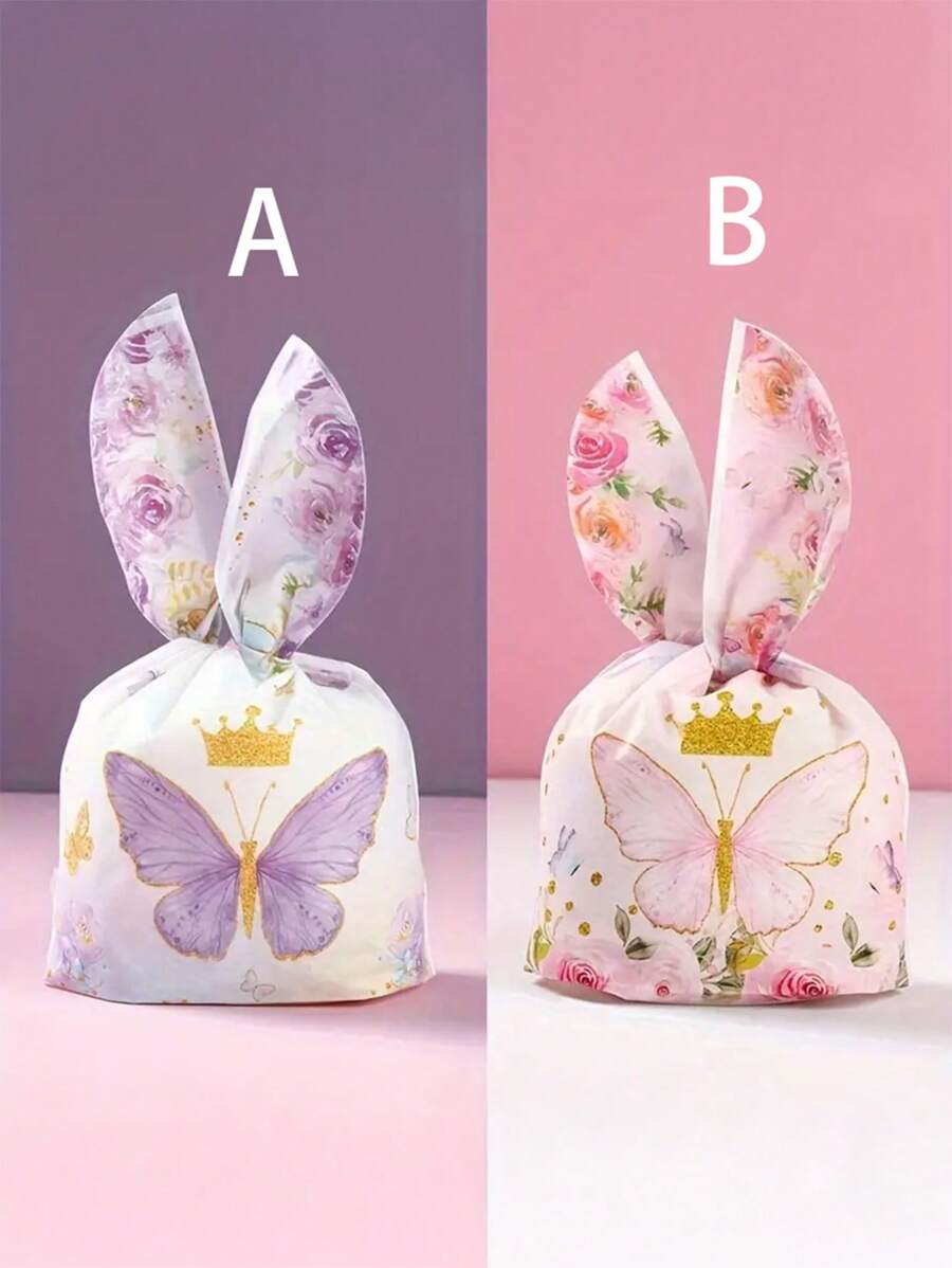 8 peças Sacola de Presente com Orelhas de Coelho Rosa e Roxo, com Borboleta, para Aniversário, Casamento, Festa, Sem Necessidade de Eletricidade