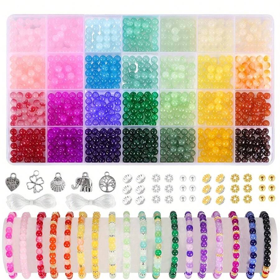 1250 pièces/100 pièces Perles rondes en verre de 6 mm, kit de fabrication de bracelets perlés, comprenant 28 couleurs de perles en verre cristal, pendentif en alliage, fil à perler, pour la réalisation de bracelets, colliers, boucles d'oreilles, artisanat, kit de perles pour débutants (couleurs aléatoires)