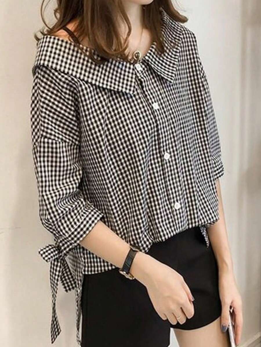 Peter Pan Collar Plaid Bowknot 3/4 Sleeve Off Shoulder Elegant Tie-Up Blouse