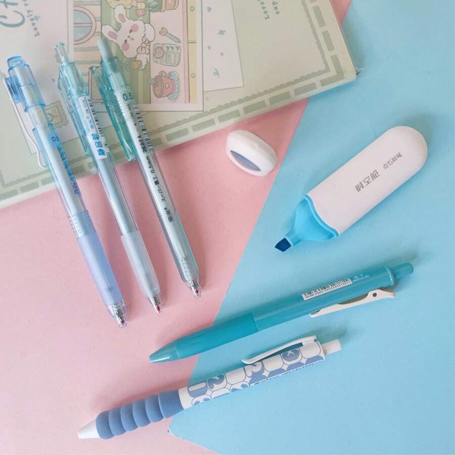 5 Pcs Ballpoint Pens + 1 Pc Highlighter Pen - Blue, Fresh Summer Series, Quick Drying, Long-Lasting, School Supplies, Back To School