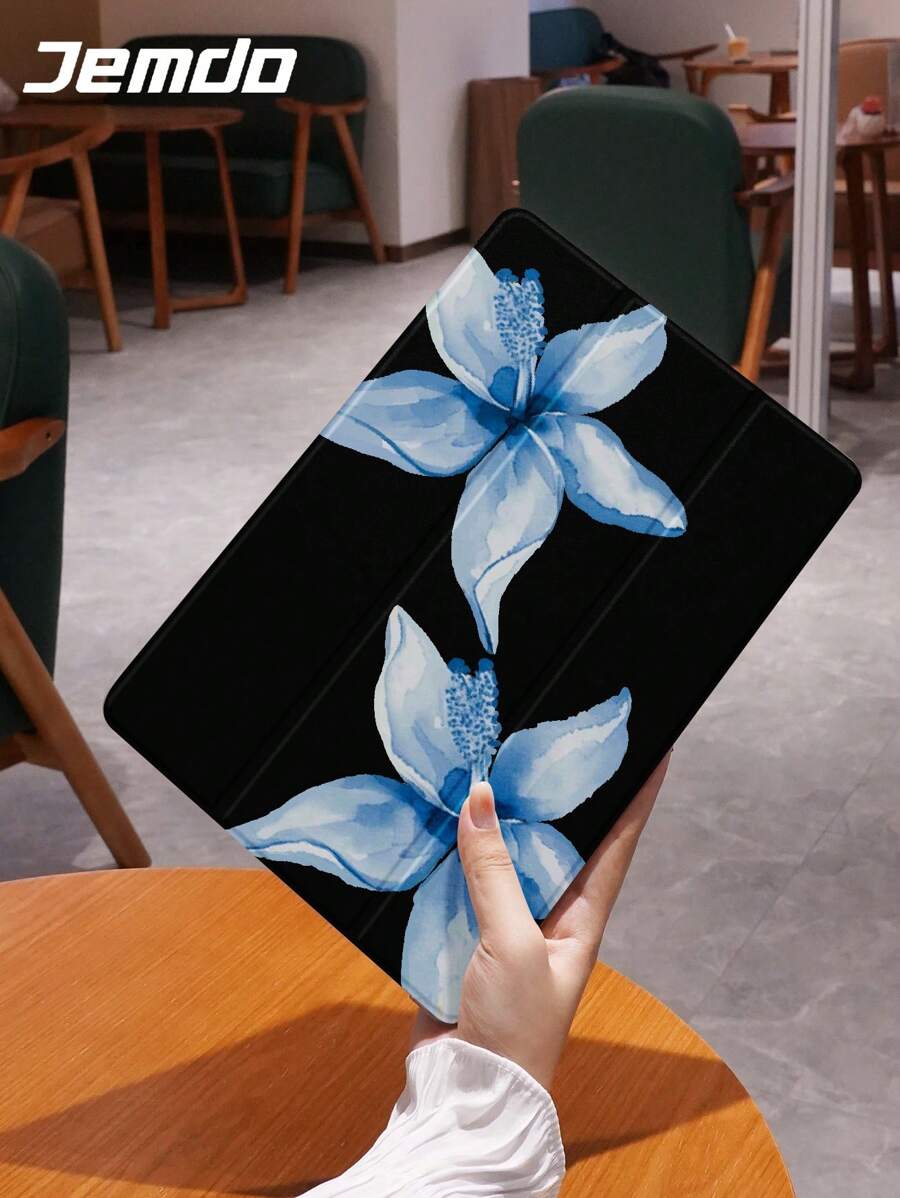 Flower Blue Printed Pattern Tablet Protective Case, Compatible With IPad 10.2", IPad Pro 2021/2020, IPad 9th/10th Gen, Galaxy Tab A8 10.5" 2022, Matepad 10.4"/Tab, Anti-Drop, With Pen Slot, Sleep/Wake Support