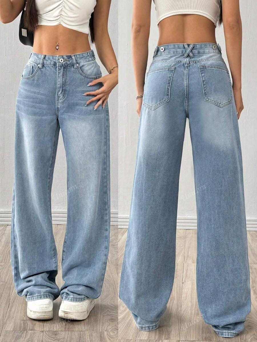 Mode Multi-Button Lichtblauwe Denim Casual Cowgirl Dames Lente En Zomer Losse Rechte Jeans