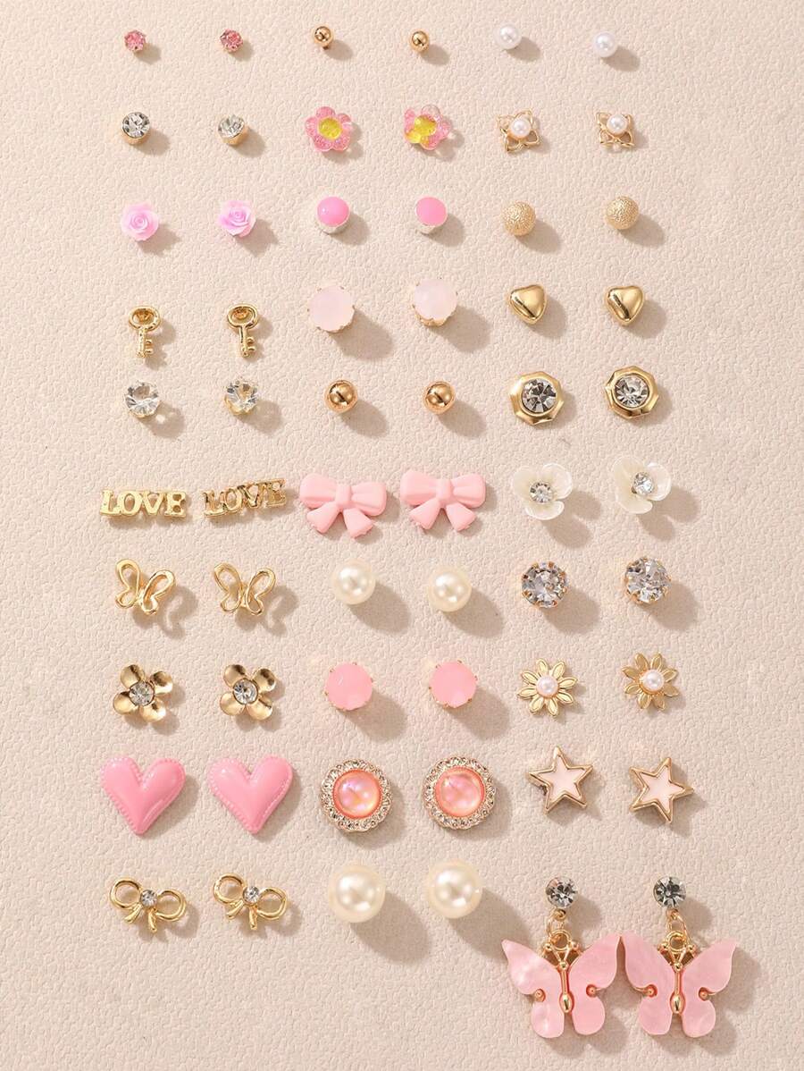 Set di 30 paia di orecchini a perno per ragazze, set di combinazione di orecchini alla moda con design a ciliegie, farfalle, fiori e cuori, minimalisti