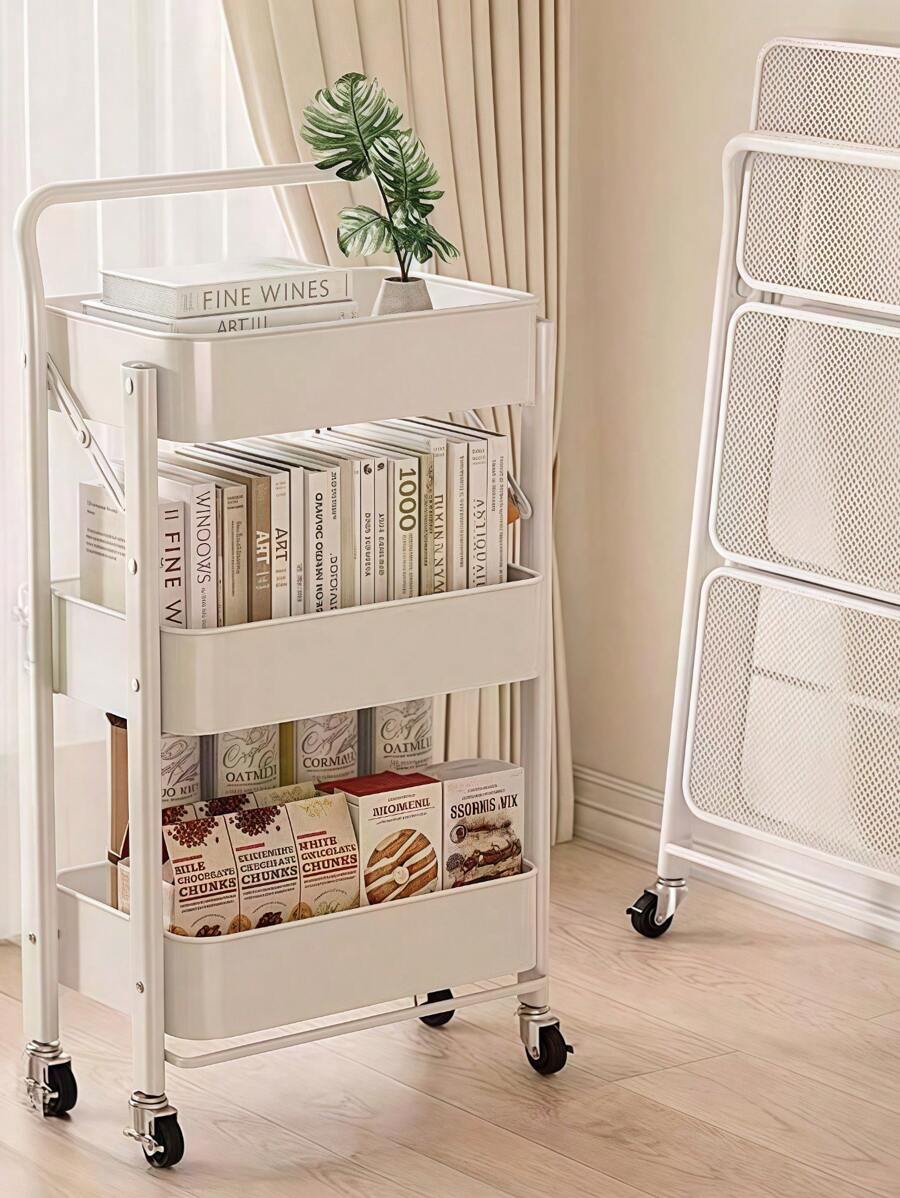 Kitchen Cart, Foldable, Cart With Casters, 3-Tier, Kitchen Rack, Steel Rack, Cart With Casters, Space-Saving Storage, 29.5cm, Slim, With Handle, Carbon Steel, Sturdy, 60kg Load Capacity, Small Items, Bathroom, Kitchen Storage, Next To Refrigerator, Easy Assembly