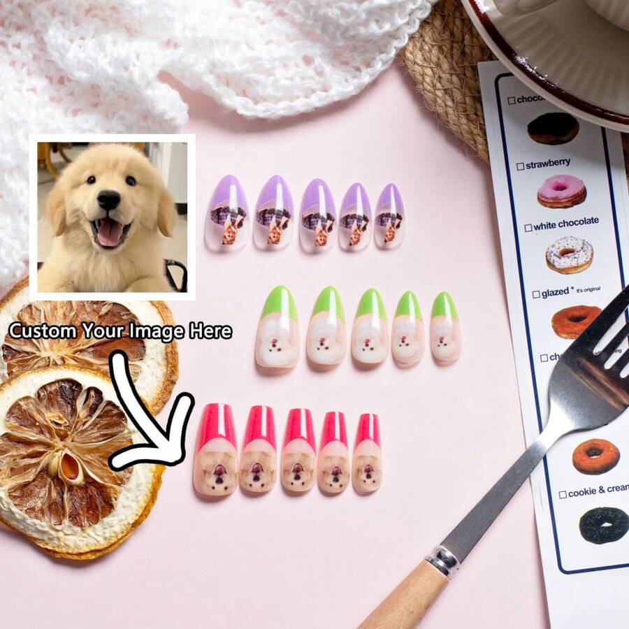 24 piezas de uñas postizas personalizadas, regalo misterioso para el Día de la Madre, diseño almendra corto/medio, tipo ataúd medio, estilo francés clásico
