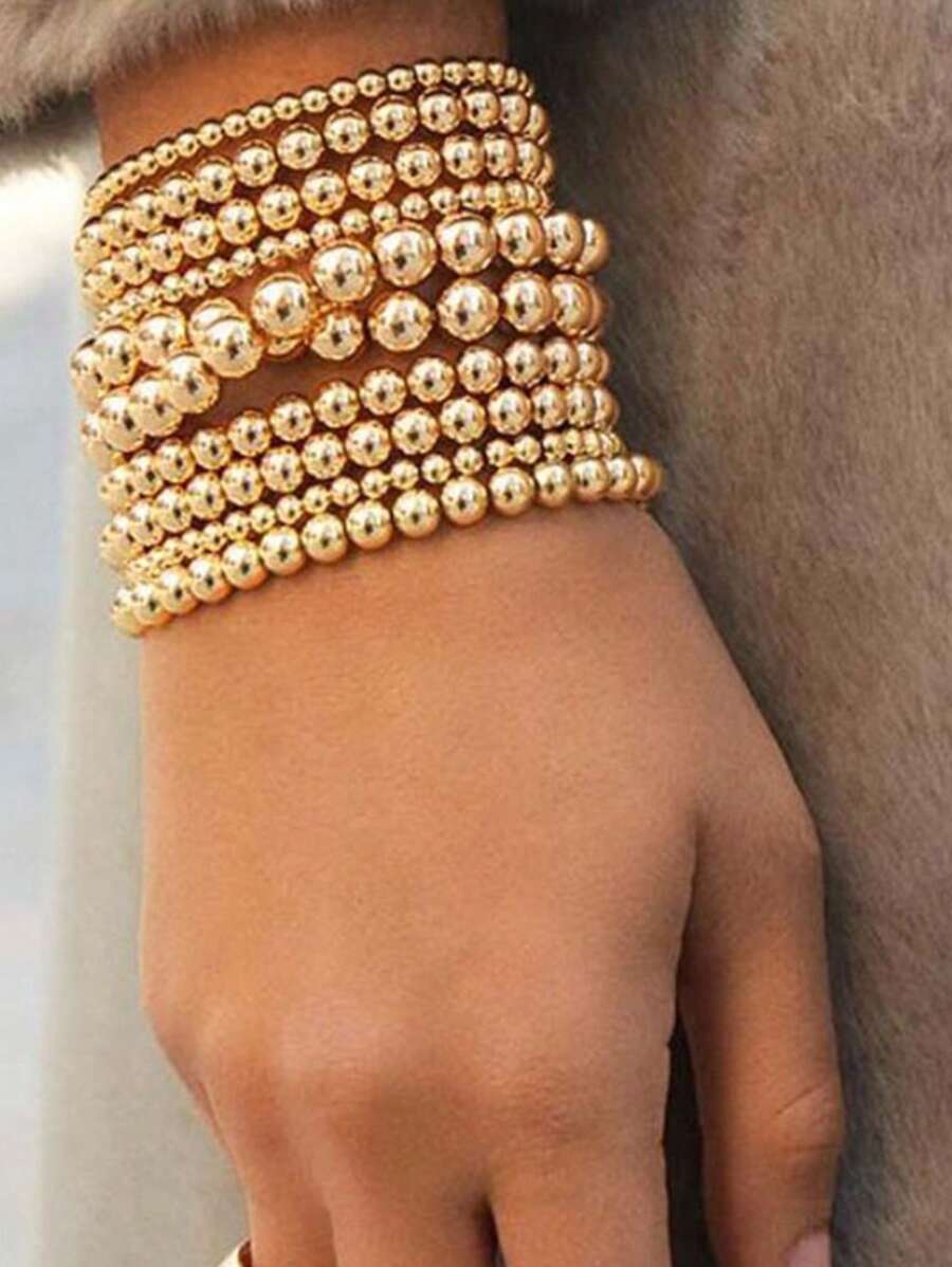 Set de 7 pulseras elásticas con cuentas de estilo de moda, hechas a mano con cuentas metálicas para mujeres