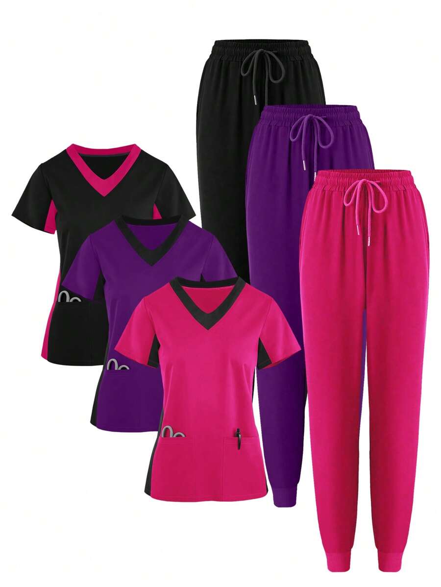(Six-Piece Set) Scrubs Uniform Women's Running Matte Elastic Sports Nurse Uniform Wash Clothes Work Clothes Breathable Scrub Shirt