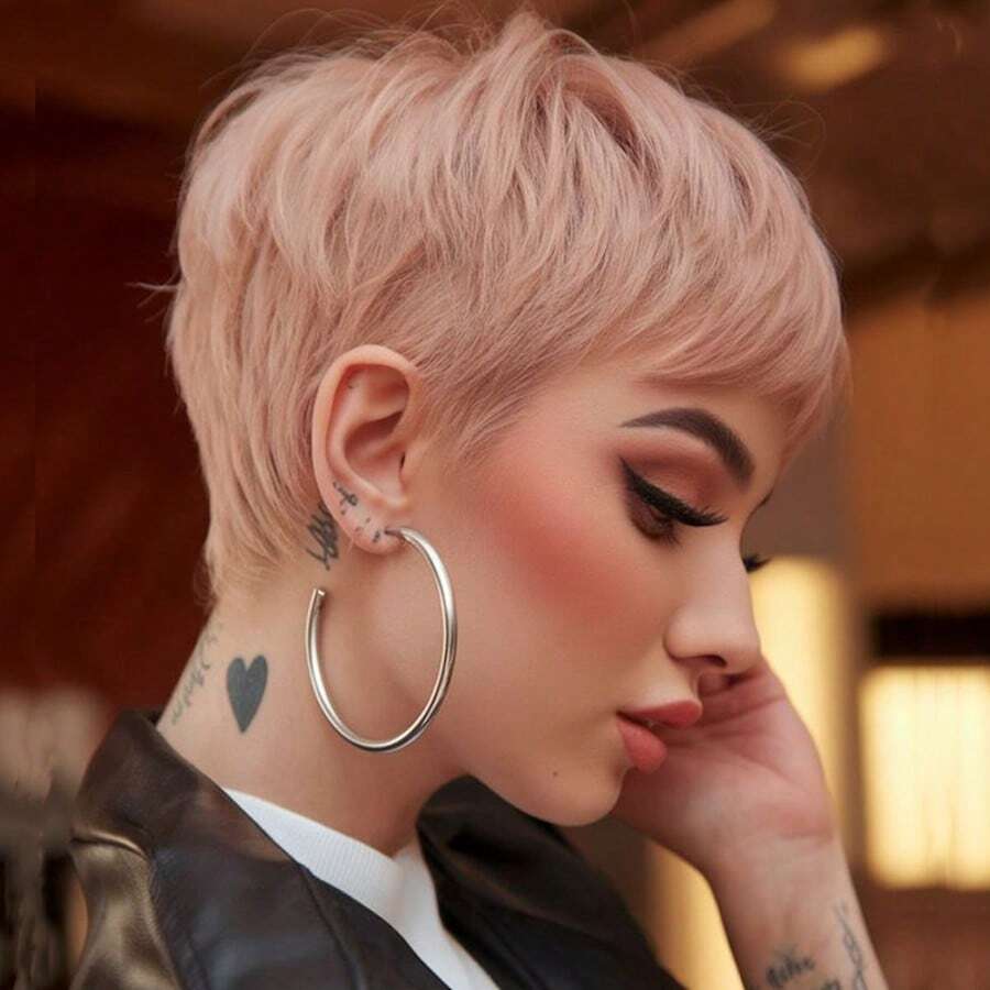 Meat Pink Color Short Straight Pixie Bob Brazilian Remy Human Hair Wig For Women In Coral Pink Glueless Design Layered Pixie Human Hair Perfect For Cosplay.180% Density 4 Inch