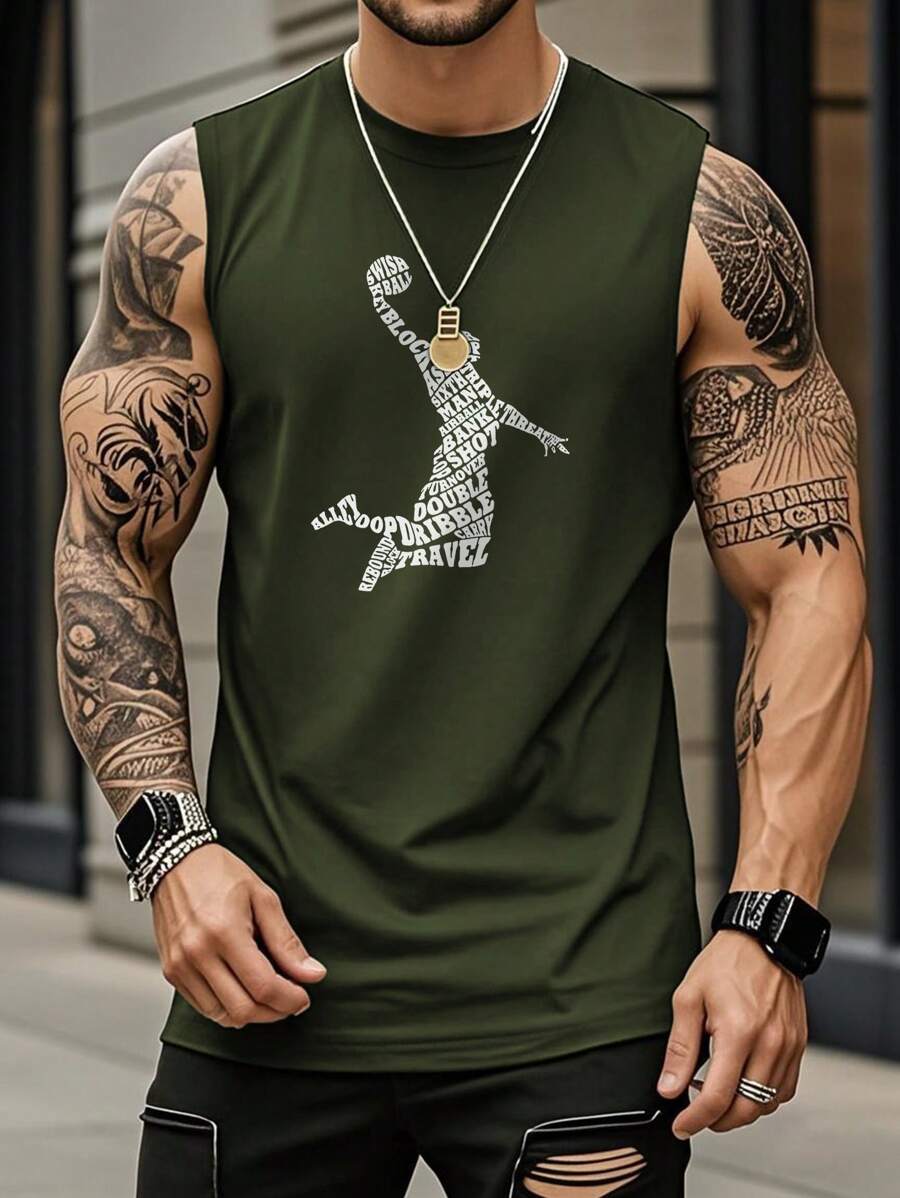 Men's Casual Graphic Print Crew Neck Tank Top, Versatile