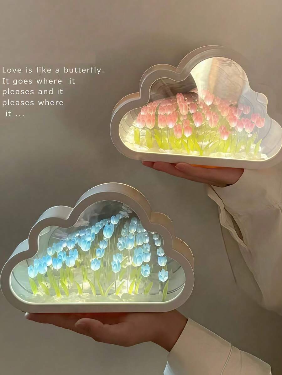 20pcs Tulip Cloud Night Light,(Battery Powered)Floral Ambiance Lamp,Turns On As Night Light, Turns Off As Mirror,Suitable For Valentine's Day Gift/Desktop Decor/Home Decor/Bedroom/Romantic Atmosphere/Birthday Present, A Romantic Fairy Lamp