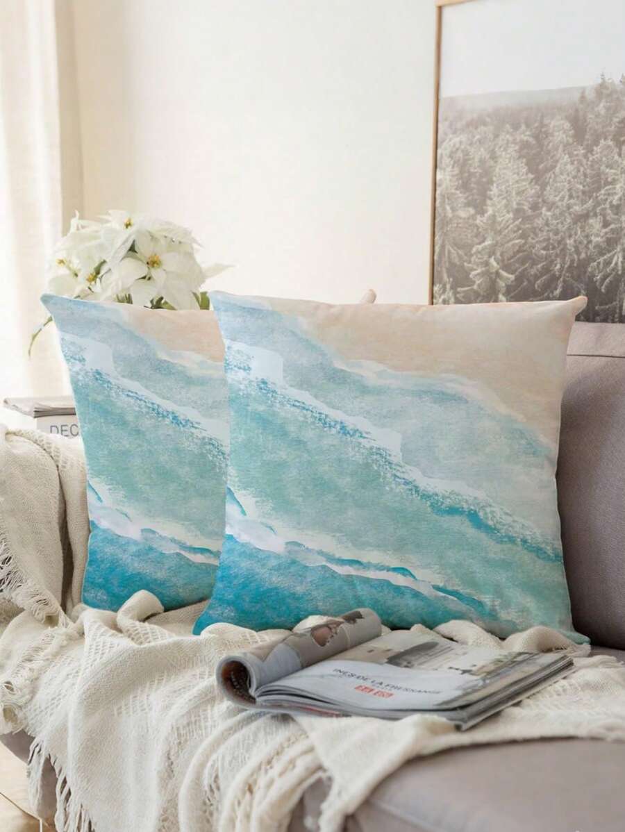 2 Pcs Wave Pattern Cushion Covers, Blue Wave Marble Textured Pillow Shams, Vacation Style Polyester Single-Sided Printing Hidden Zipper Pillow Cases, Without Pillow Inserts, Home Decor, Suitable For Summer Party, Pool Decoration, Bedroom, Living Room, Dorm, College Bedding, 45x45cm