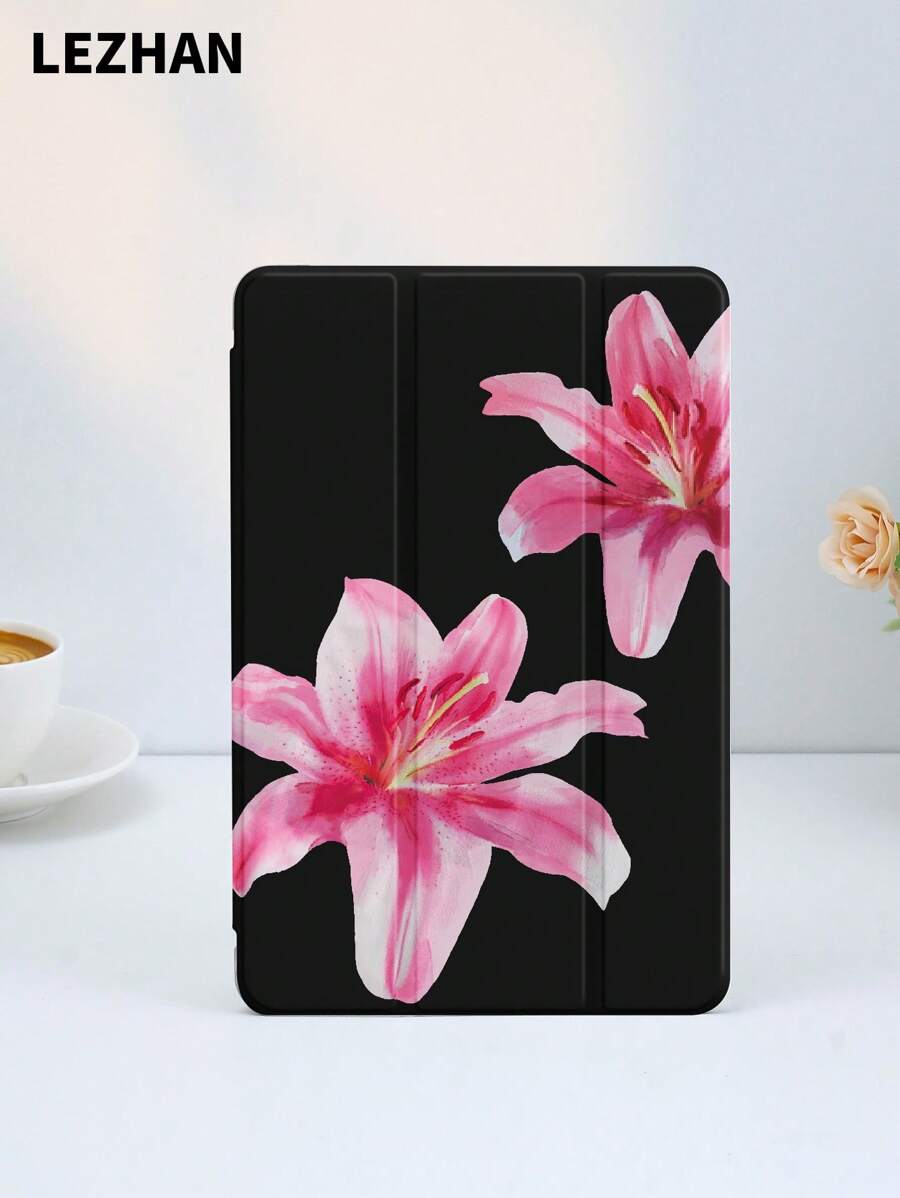 Flower 1pc Solid Black Printed Protective Case Compatible With IPad 10.2 Inch, IPad Pro 11 Inch 2021/2020/10th Gen, IPad Mini 4/5/6, Galaxy Tab A8 10.5 Inch 2022, Matepad 10.4/Tab, With Pencil Slot, Anti-Drop, Tablet Stand Cover