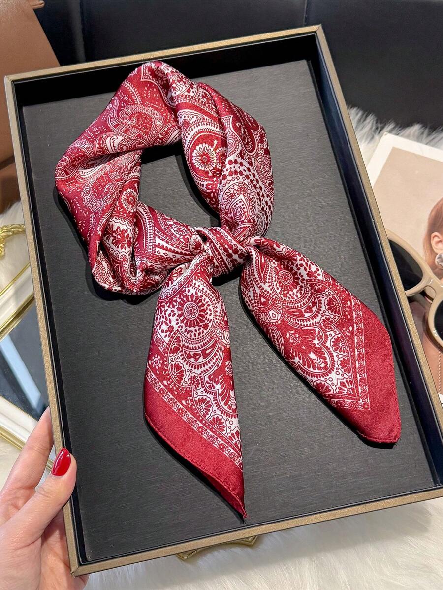 1pc Paisley Floral Print Square Scarf, Women New Versatile Bandana, Neck Tie, Hair Accessory, Fashion Silk Feeling Scarf