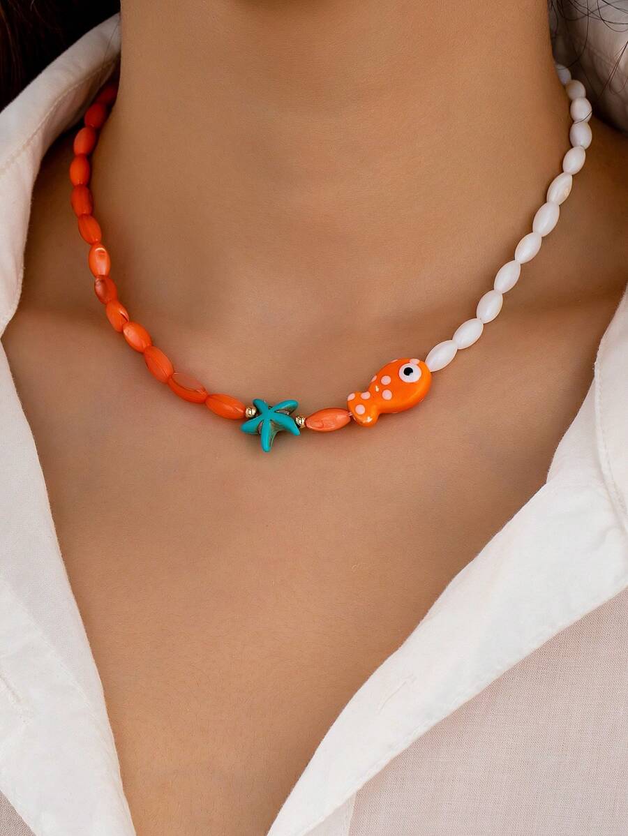 1 colar de peixe de verão, colar de contas estilo boho com pedra turquesa azul, joias para mulheres
