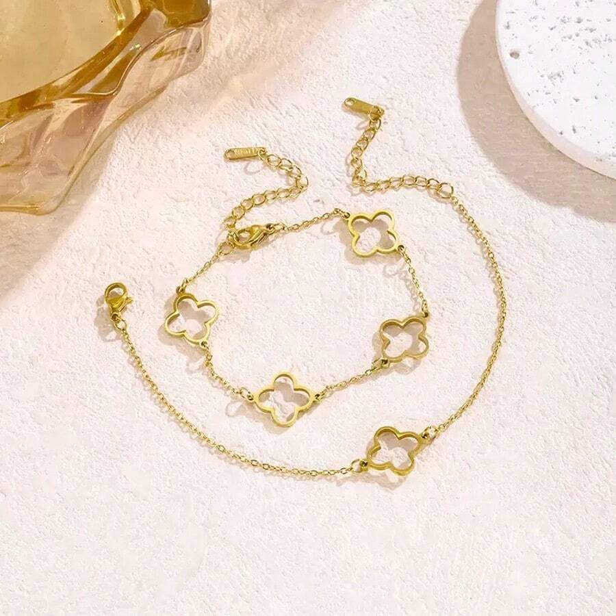 1 pieza Pulsera de acero inoxidable minimalista con flor de cuatro hojas hueca, adecuada para uso diario o fiesta de las mujeres, gran regalo para el Día de la Madre