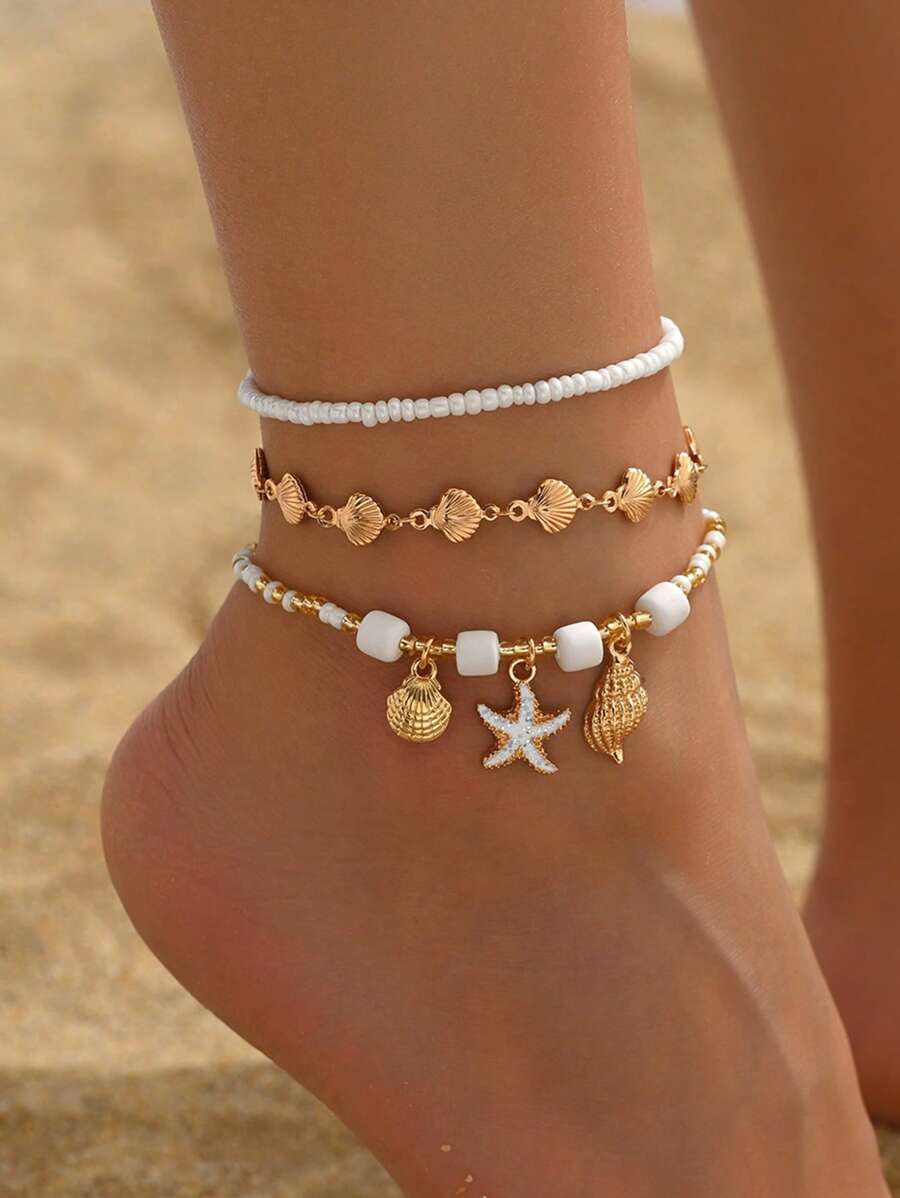 3 Stücke/Set Sommer Ozean Stil Soft Clay & Perlen Metall Seestern, Muschel & Konchenkette Fußkette, Mode goldene Muschel Kette handgemachter Fußschmuck, geeignet für tägliche Outfit Dekoration, Strand Urlaub Outfit