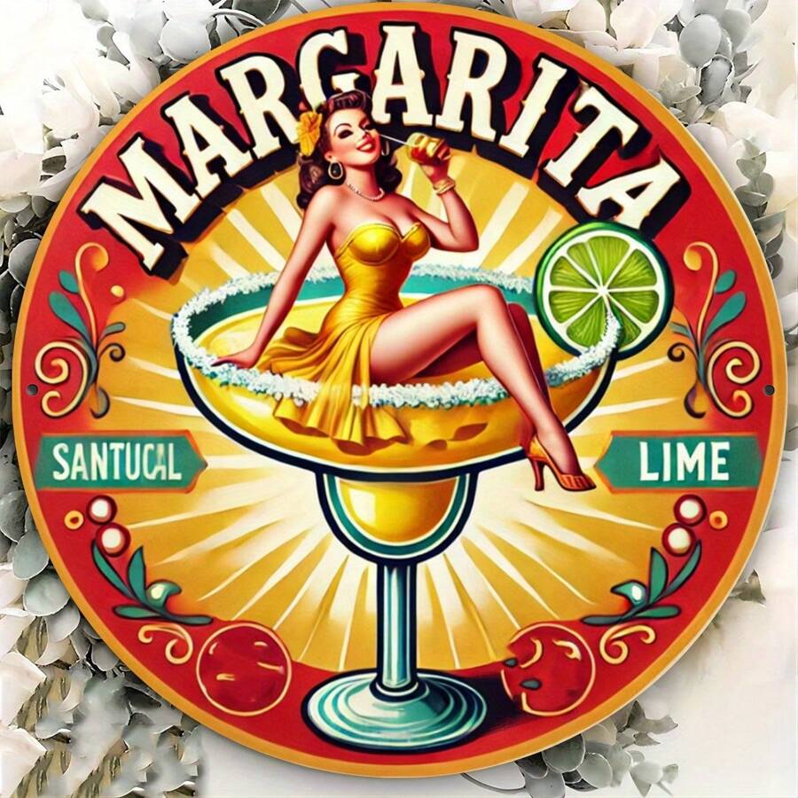1 pieza Señal de madera redonda de 8"X8" de Margarita, decoración vintage para cafetería, bar y arte de pared del hogar, resistente al agua y al polvo, apropiada para patio trasero, garaje y decoración DIY, estilo de agujero aleatorio