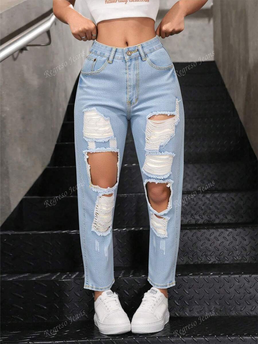 1 pieza pantalon de mom,rigido con rotos para mujer