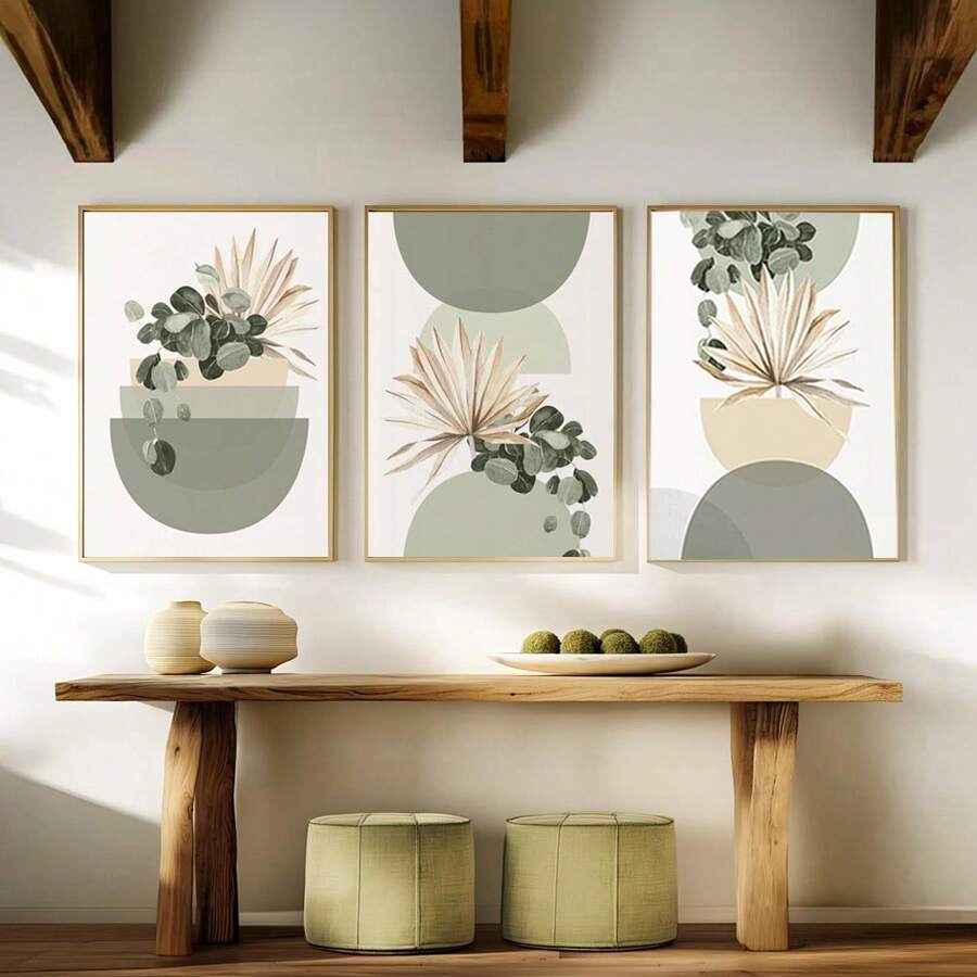 3pcs Bohemian Wall Arts Abstract Beige & Green Plant Eucalyptus Geometric Wall Art Posters, Green Medieval Modern Botanical Bohemian Wall Decor, Ideal Gift For Bedroom, Living Room, Hallway, Mint Green Geometric. Optional Frame