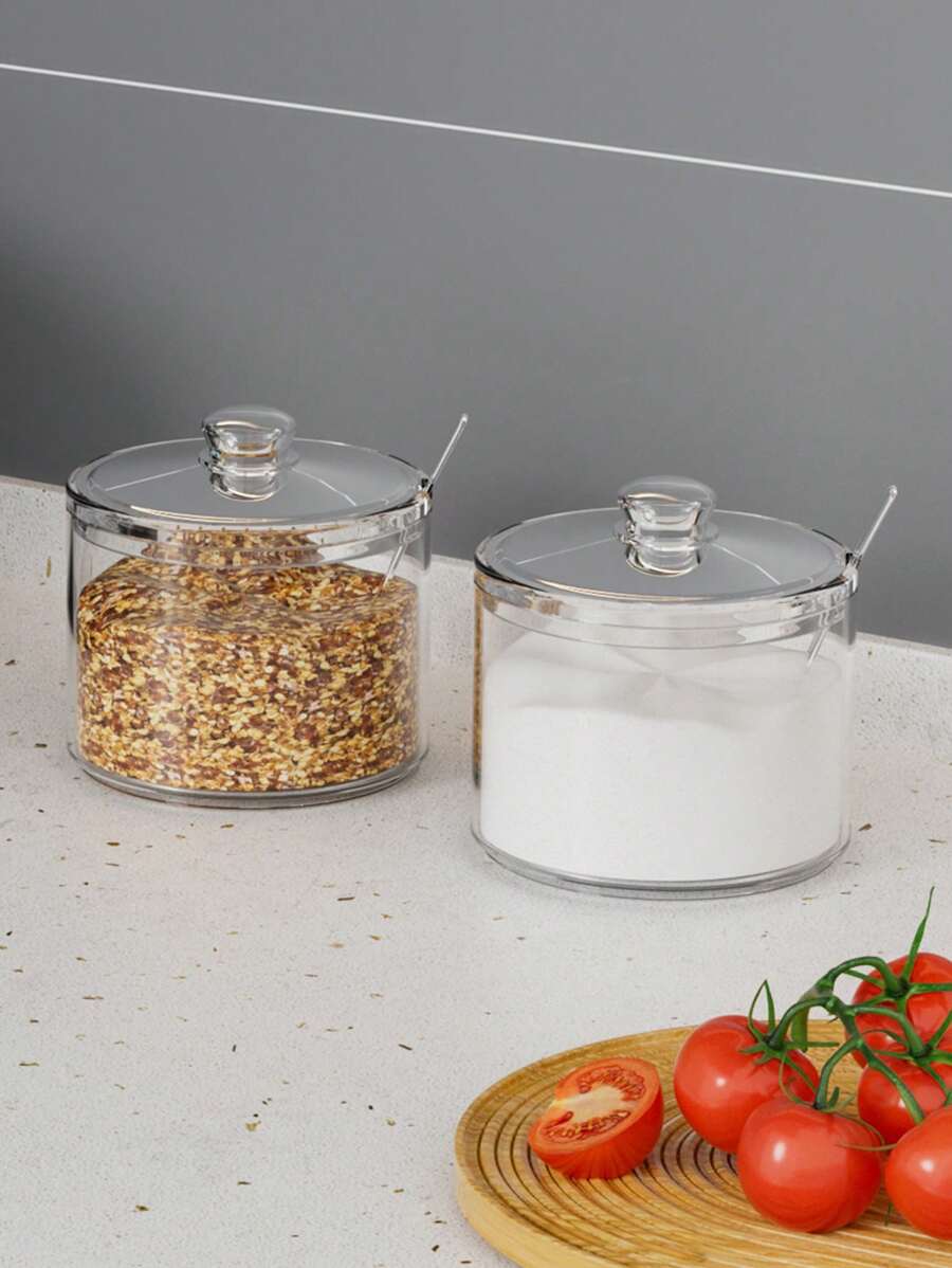 1 Barattolo portaspezie in acrilico con coperchi e cucchiaini, contenitori di stoccaggio trasparenti per cucina per sale, pepe e condimenti, decorazione cucina moderna, organizzazione spezie facile da vedere, soluzioni di stoccaggio per la cucina | accessori per cucina moderna, forniture per il ritorno a scuola