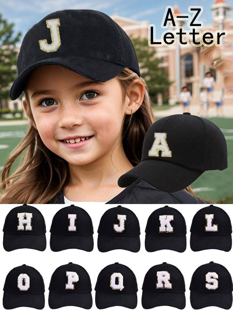 1 Pieza Gorra de béisbol unisex con letra del alfabeto A-Z simple, ajustable, para uso casual al aire libre, sombrero protector solar para niños