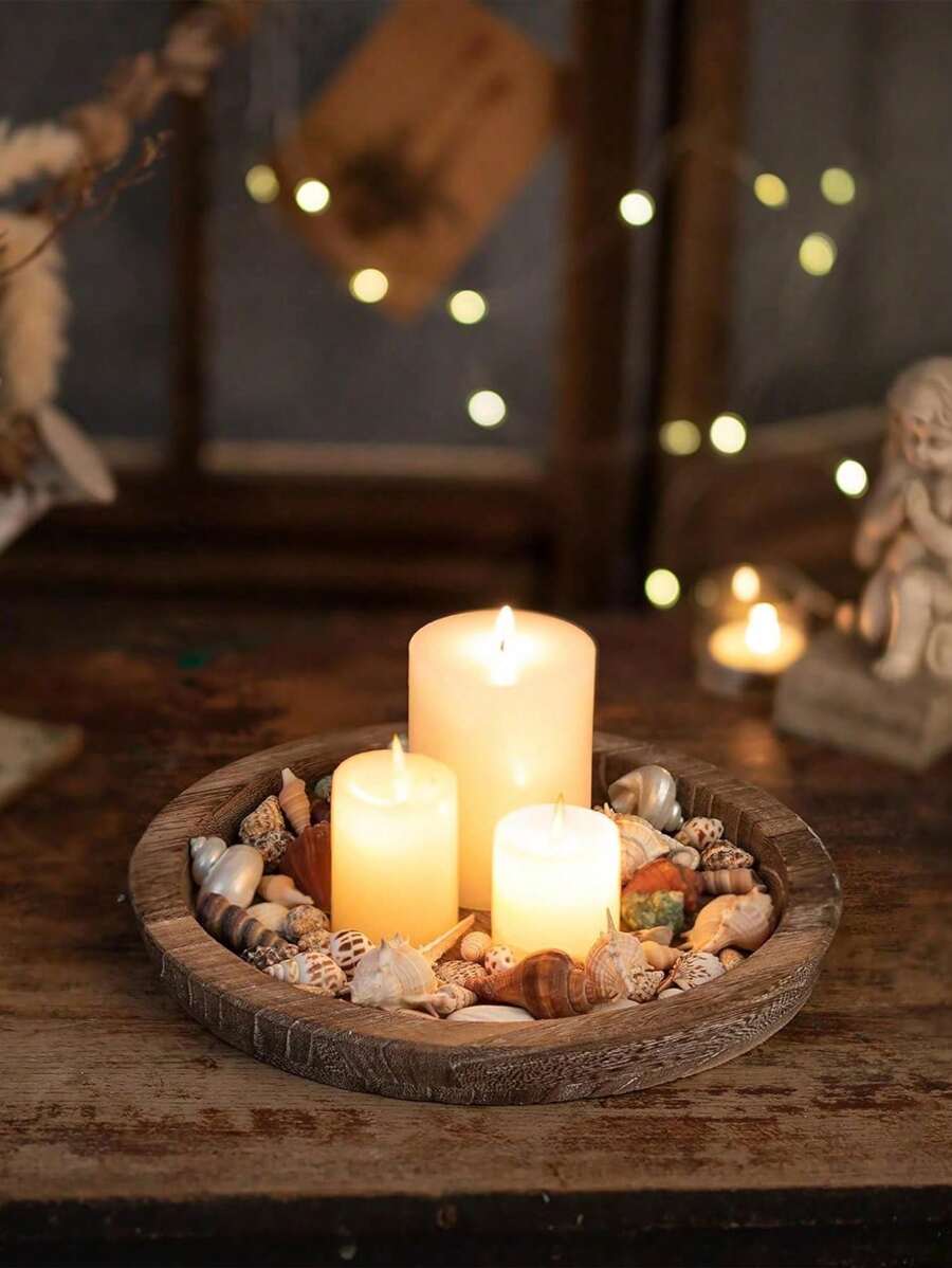 1Pc, Beveled Solid Wood Antique Burning Color Storage Tray Round Wooden Candle Stand Household Decorative Tray. Suitable For Storage Tray, Candlestick, Jewelry Tray, Flower Tray, Home Decoration, Halloween, Christmas, Thanksgiving, Valentine'S Day,