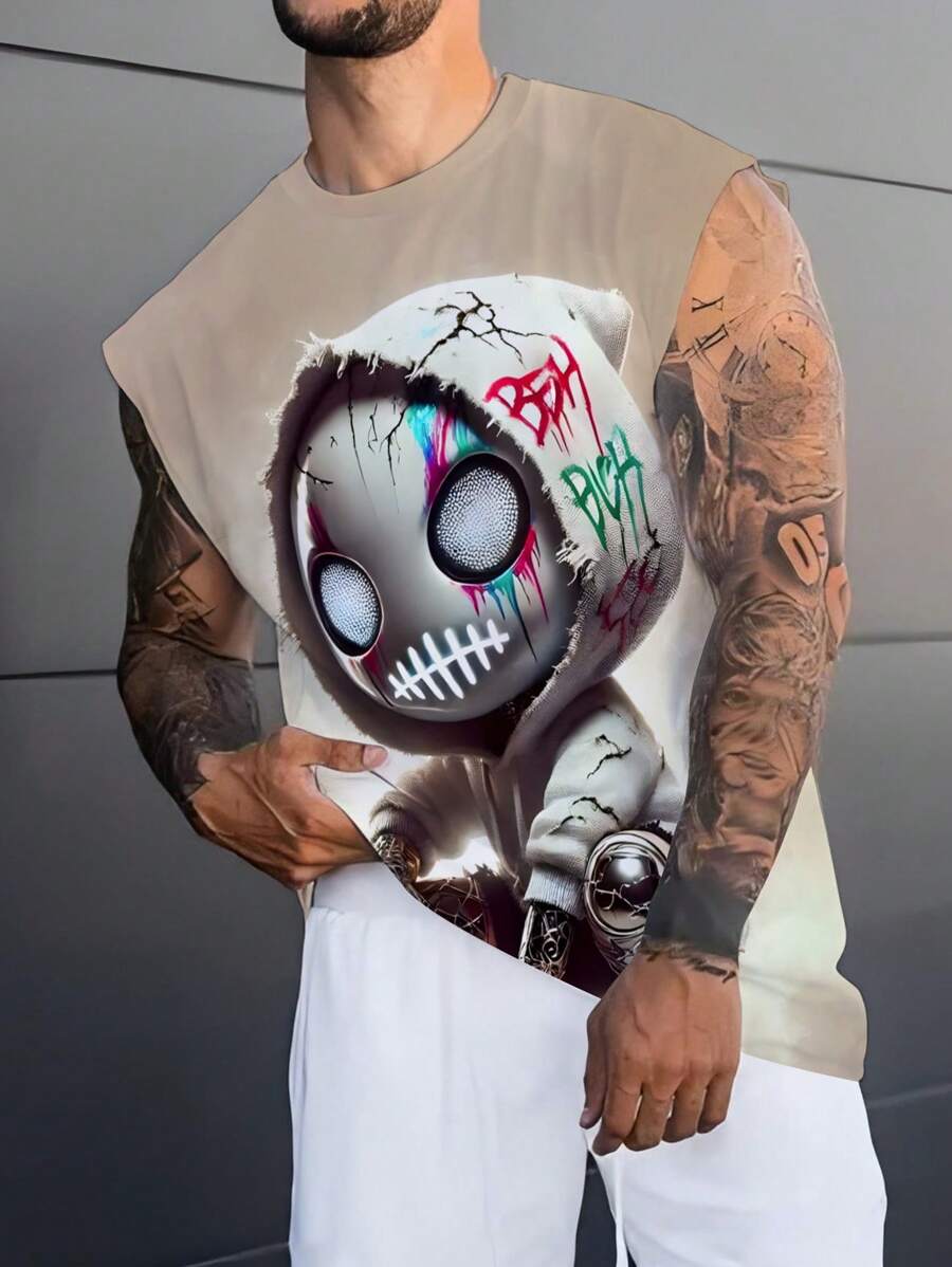 Camiseta de cuello redondo sin mangas casual con estampado de esqueleto y letras para hombre, de tela de poliéster adecuada para uso al aire libre y urbano, verano