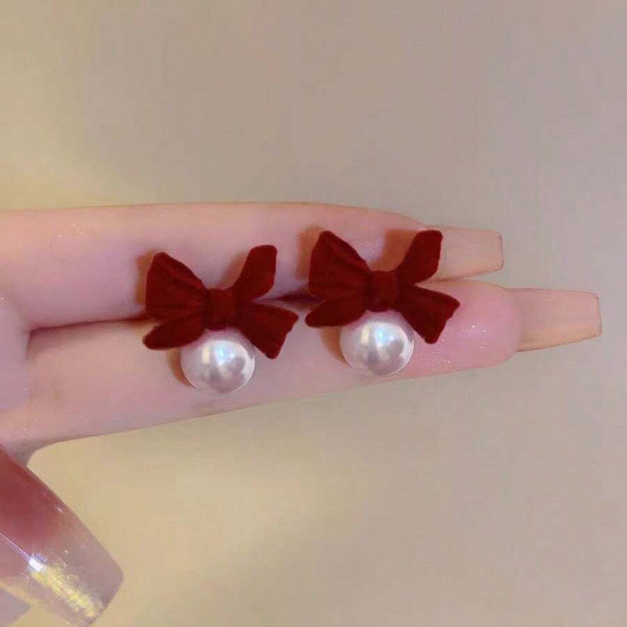 1 par de pendientes de perla con lazo de terciopelo, pendientes de diseño exquisito para mujer, delicado y versátil